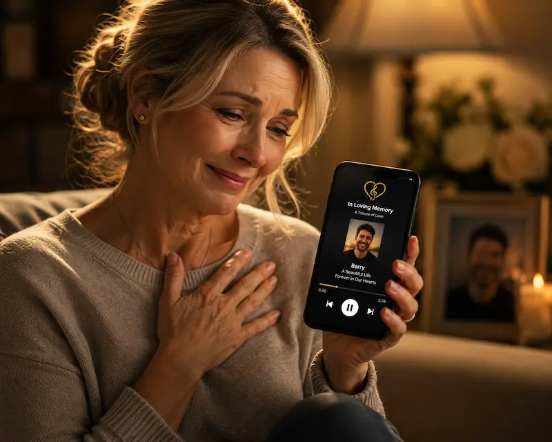 Woman listening to a memorial tribute on her phone